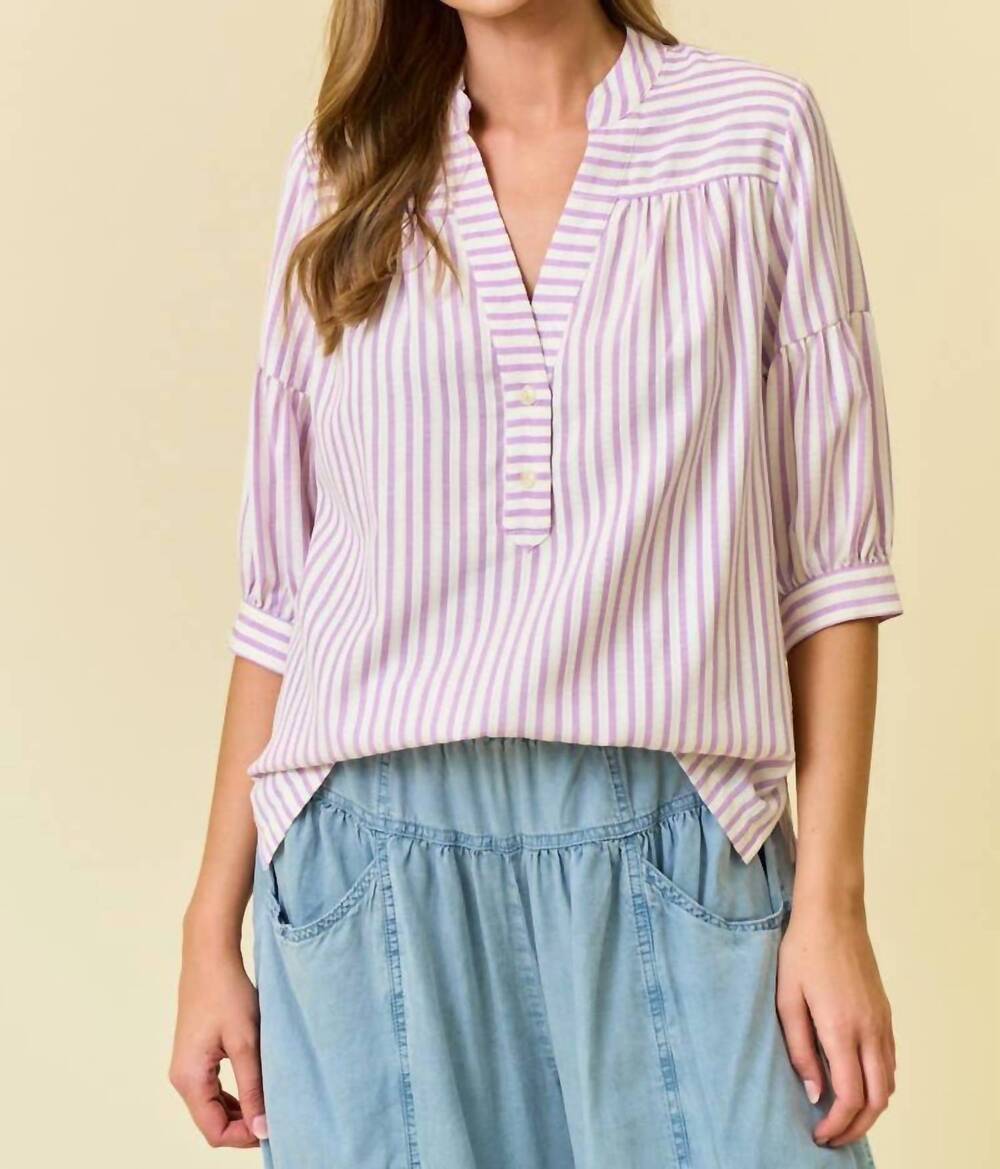 NEW DOE AND RAE women's striped puff sleeve pullover top in lavender